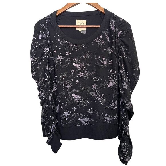 Chaser Women's NWOT Black Shirred Mystical Star Print Crew Neck Sweatshirt Small - Picture 2 of 7